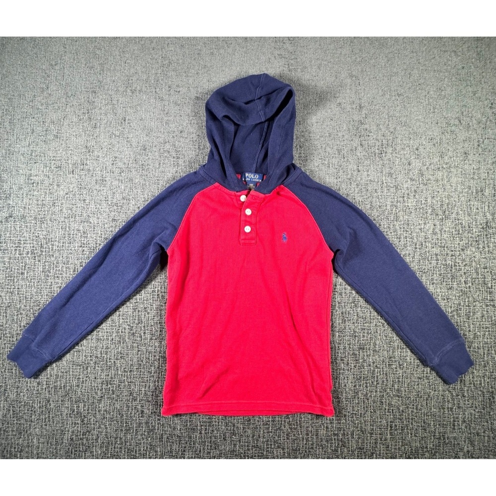 Polo Ralph Lauren Kids Red Navy Waffle Knit Henley Hoodie Shirt Size S 8